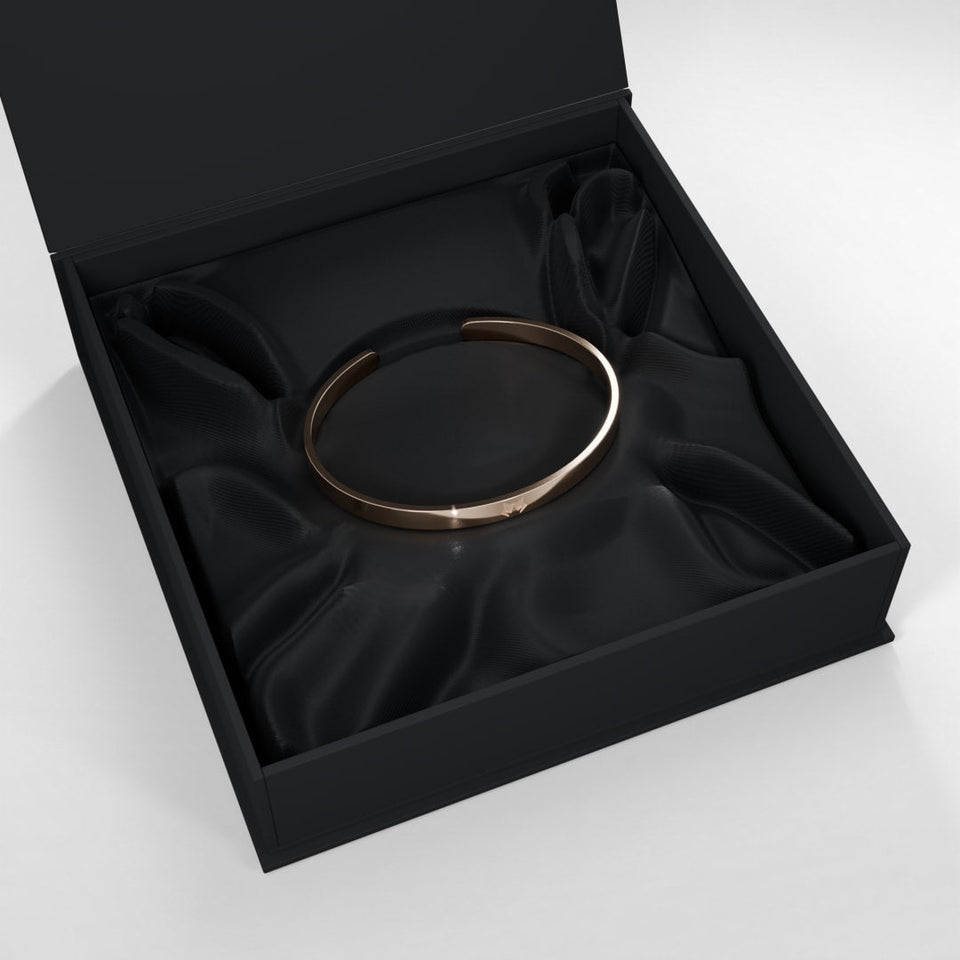 Overhead view of the open HOWL box with the Rose Gold bracelet inside
